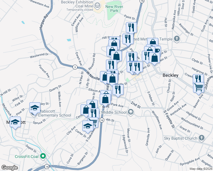 map of restaurants, bars, coffee shops, grocery stores, and more near Robert C Byrd Drive in Beckley