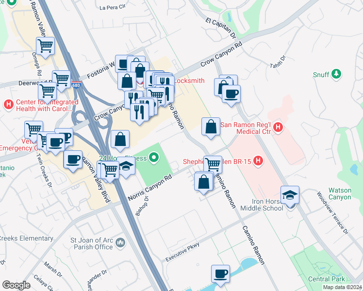 map of restaurants, bars, coffee shops, grocery stores, and more near 2300 Camino Ramon in San Ramon