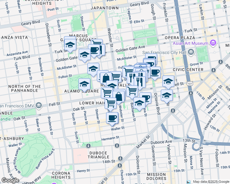 map of restaurants, bars, coffee shops, grocery stores, and more near 720 Fell Street in San Francisco