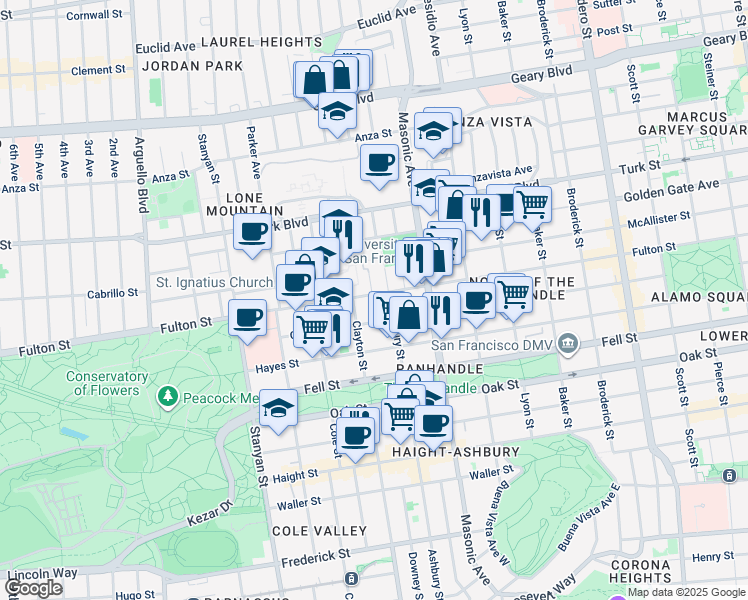 map of restaurants, bars, coffee shops, grocery stores, and more near 1947 Fulton Street in San Francisco