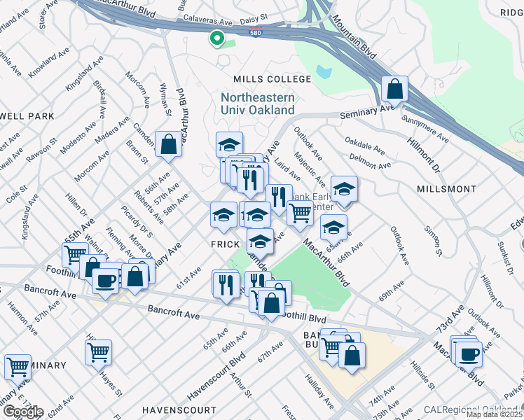 map of restaurants, bars, coffee shops, grocery stores, and more near 3240 61st Avenue in Oakland