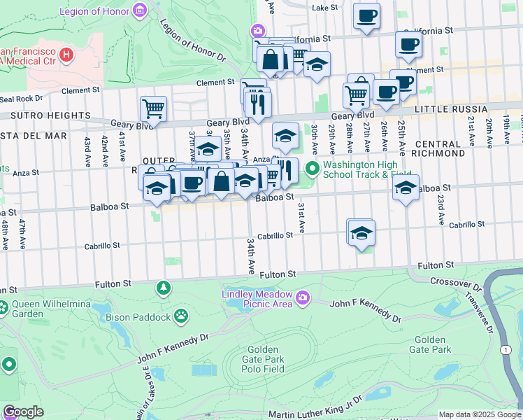 map of restaurants, bars, coffee shops, grocery stores, and more near 727 33rd Avenue in San Francisco