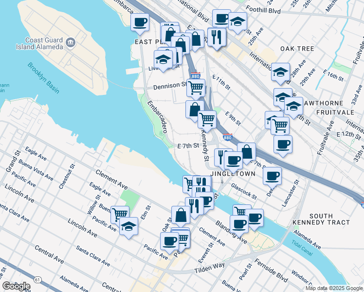 map of restaurants, bars, coffee shops, grocery stores, and more near 2121 Diesel Street in Oakland