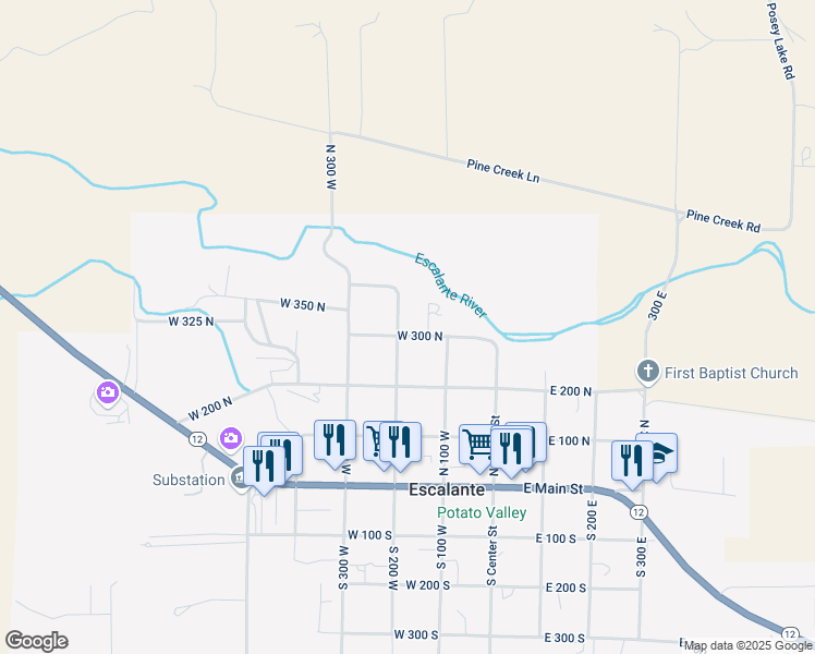 map of restaurants, bars, coffee shops, grocery stores, and more near 130 West 300 North in Escalante