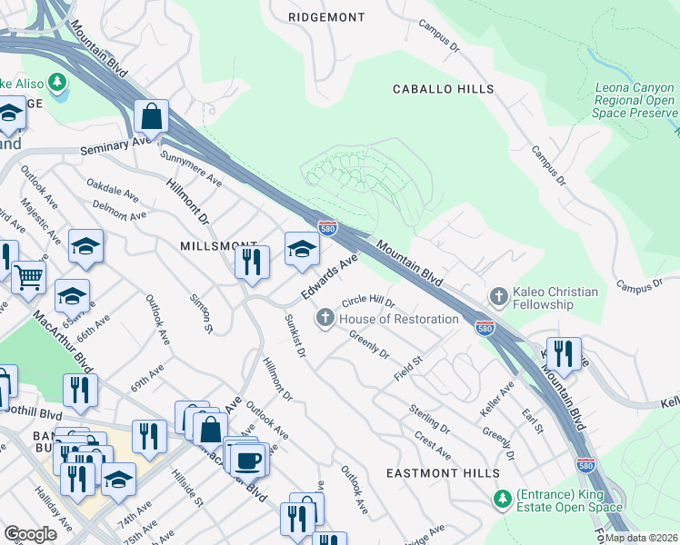 map of restaurants, bars, coffee shops, grocery stores, and more near 4030 Edwards Avenue in Oakland