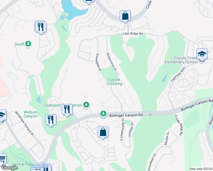 map of restaurants, bars, coffee shops, grocery stores, and more near 209 Aspenwood Court in San Ramon