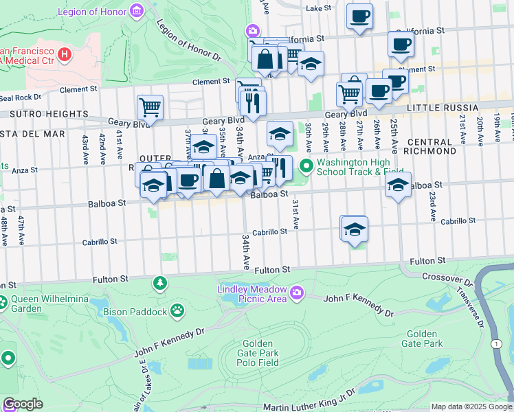 map of restaurants, bars, coffee shops, grocery stores, and more near 727 33rd Avenue in San Francisco