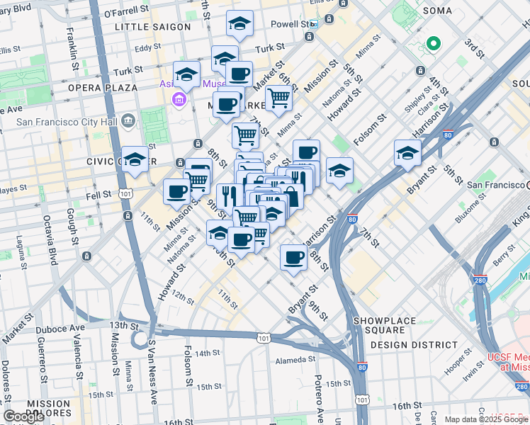map of restaurants, bars, coffee shops, grocery stores, and more near 58 Sumner Street in San Francisco