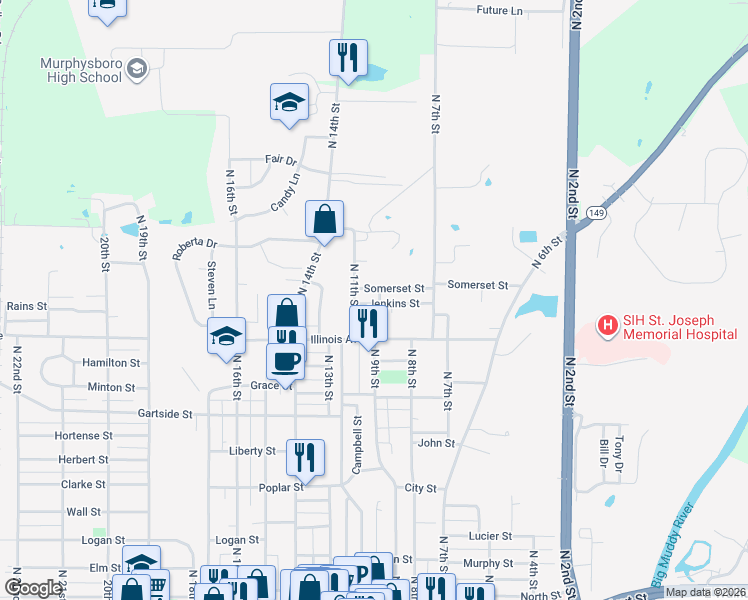 map of restaurants, bars, coffee shops, grocery stores, and more near 1104 North 11th Street in Murphysboro