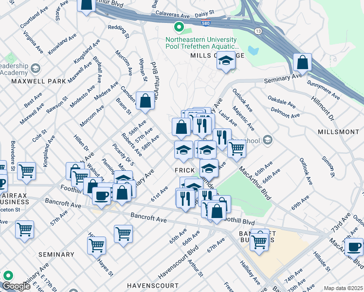 map of restaurants, bars, coffee shops, grocery stores, and more near 5914 Camden Street in Oakland