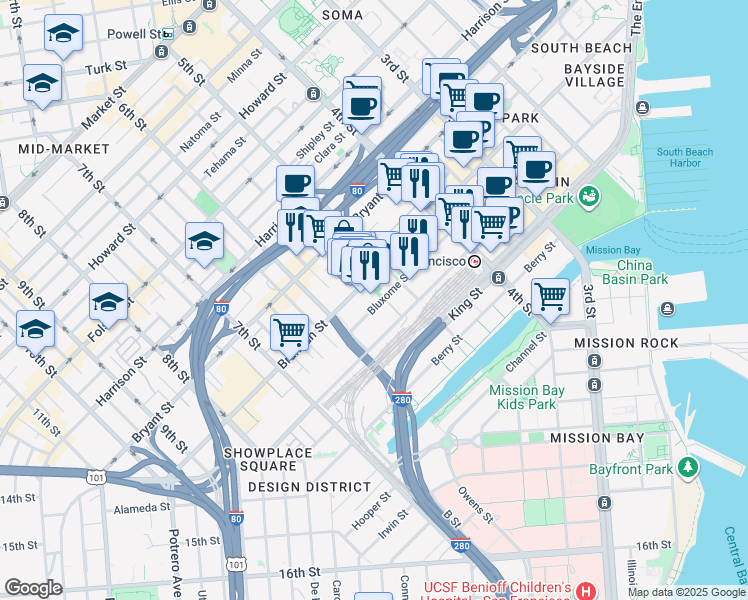 map of restaurants, bars, coffee shops, grocery stores, and more near 311 Townsend Street in San Francisco