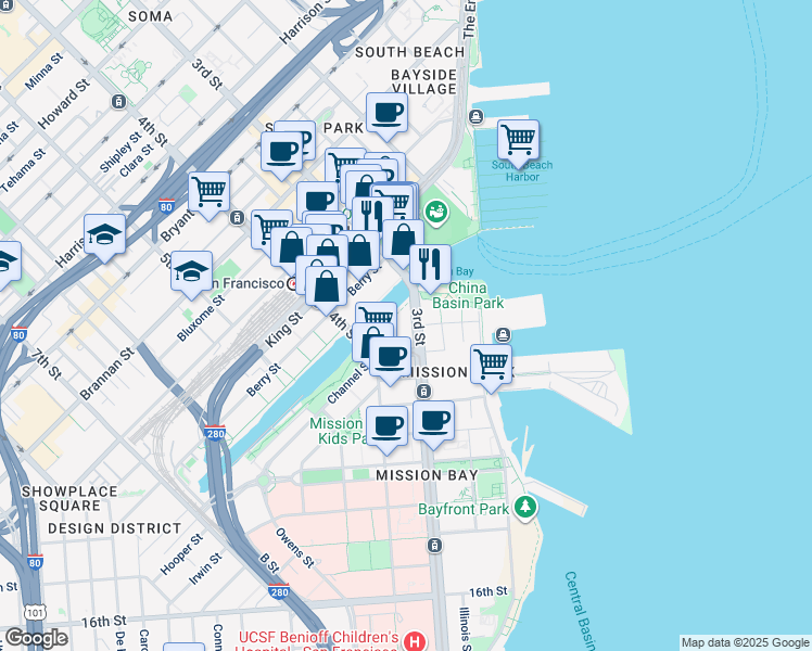 map of restaurants, bars, coffee shops, grocery stores, and more near 1000 3rd Street in San Francisco
