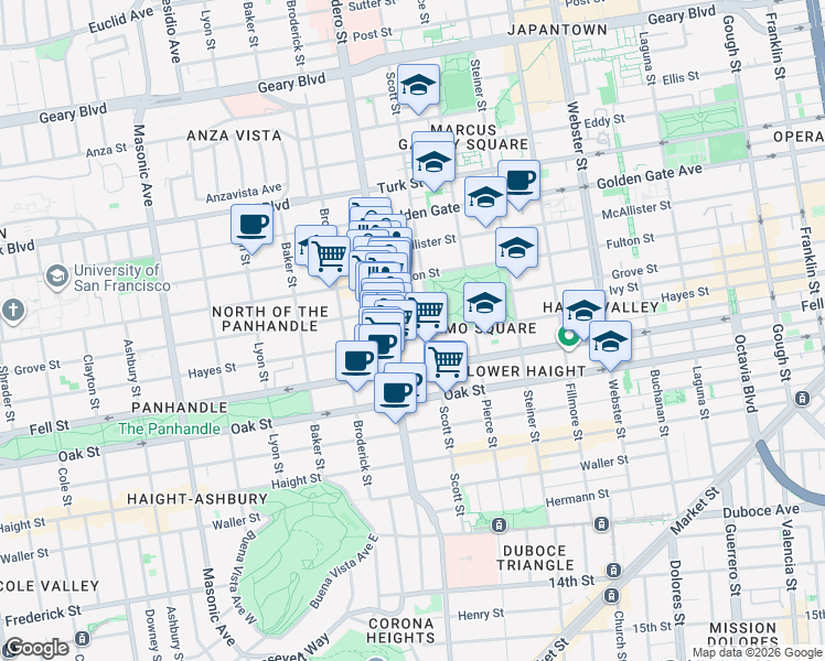 map of restaurants, bars, coffee shops, grocery stores, and more near 1280 Grove Street in San Francisco