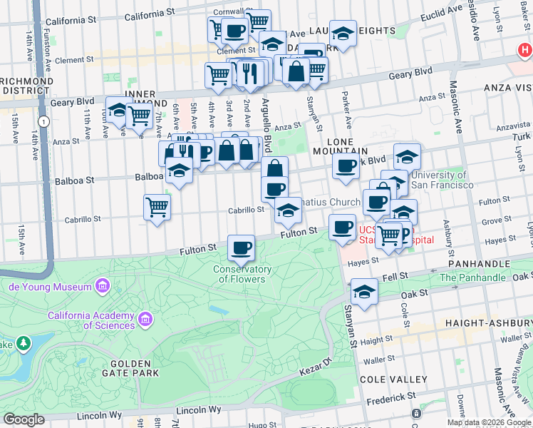 map of restaurants, bars, coffee shops, grocery stores, and more near 1 Cabrillo Street in San Francisco