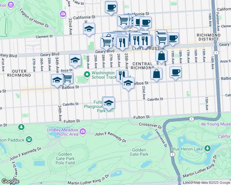 map of restaurants, bars, coffee shops, grocery stores, and more near 731 26th Avenue in San Francisco