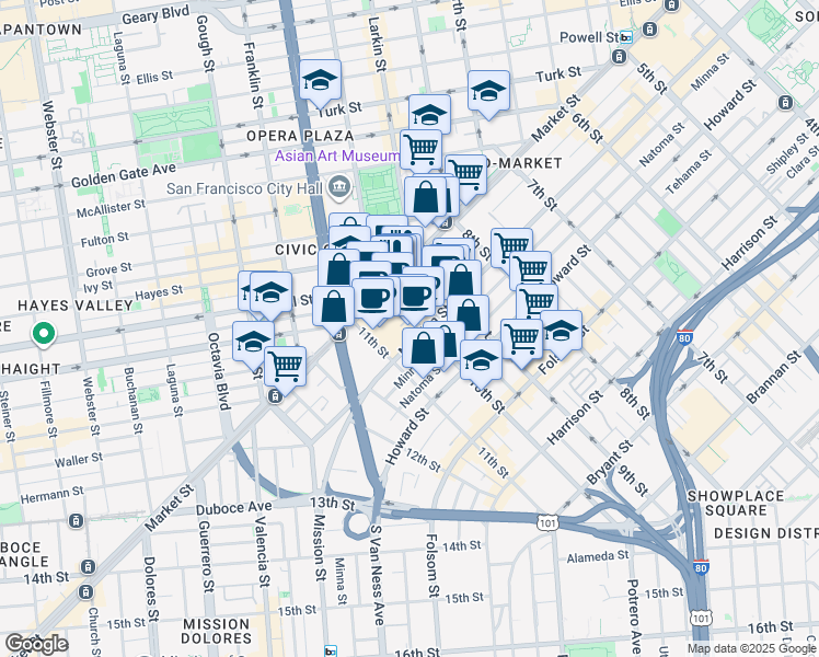 map of restaurants, bars, coffee shops, grocery stores, and more near 1 10th Street in San Francisco