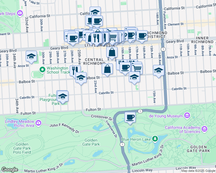 map of restaurants, bars, coffee shops, grocery stores, and more near 622 22nd Avenue in San Francisco