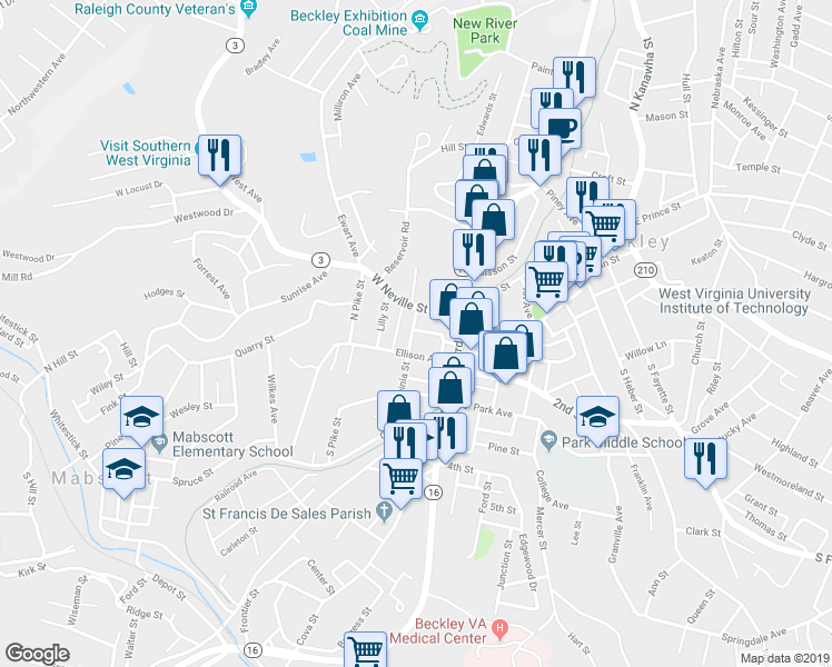 map of restaurants, bars, coffee shops, grocery stores, and more near 105 Virginia Street in Beckley