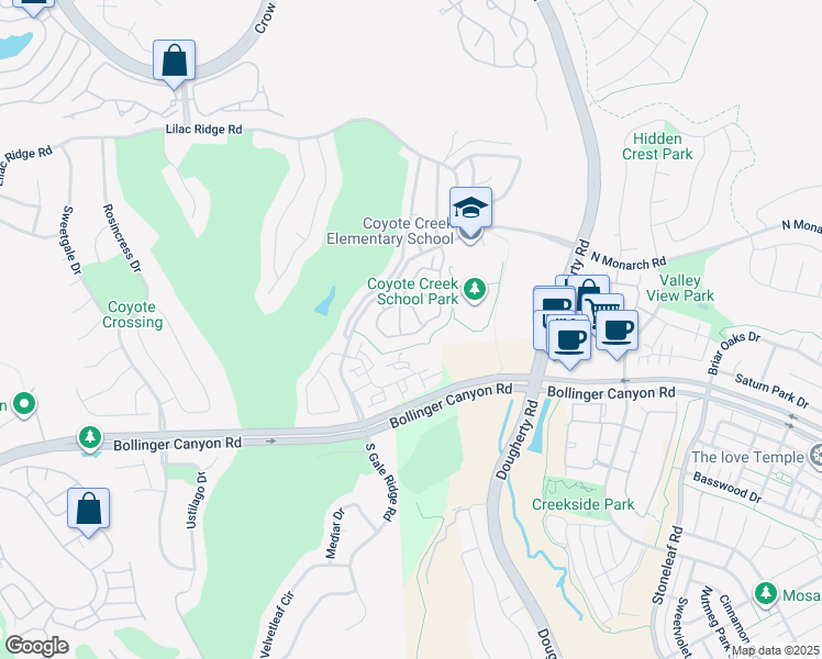 map of restaurants, bars, coffee shops, grocery stores, and more near 7130 Briza Loop in San Ramon