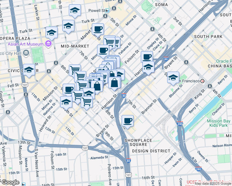 map of restaurants, bars, coffee shops, grocery stores, and more near 336 7th Street in San Francisco
