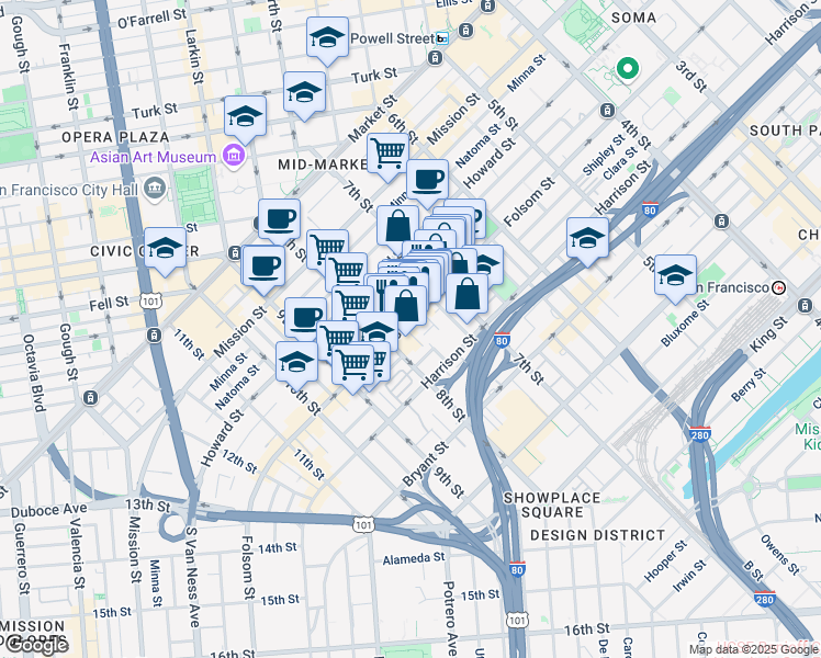 map of restaurants, bars, coffee shops, grocery stores, and more near 1136 Folsom Street in San Francisco