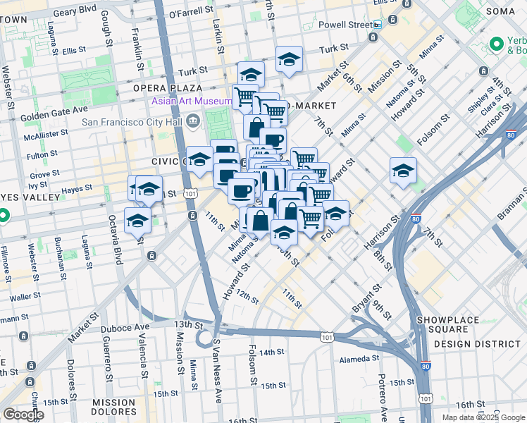 map of restaurants, bars, coffee shops, grocery stores, and more near 1321 Mission Street in San Francisco