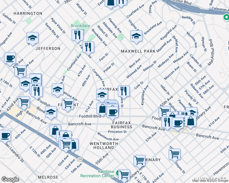 map of restaurants, bars, coffee shops, grocery stores, and more near Fairfax Avenue in Oakland