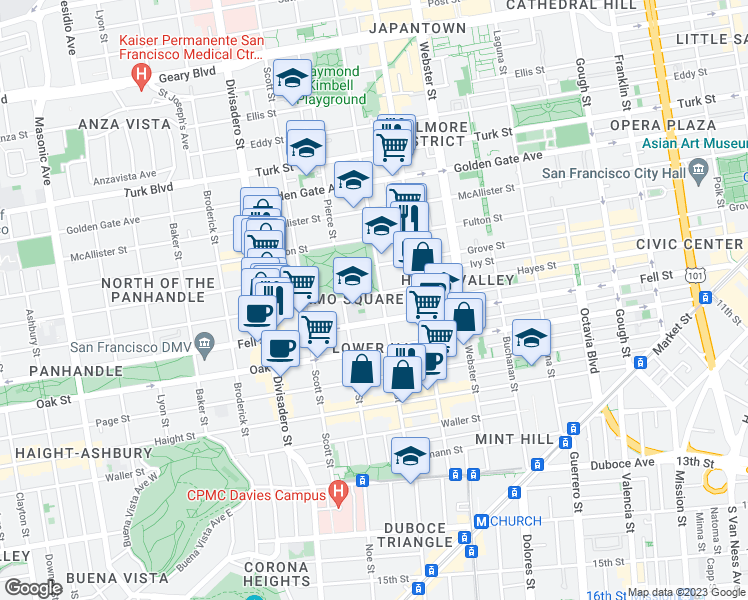 map of restaurants, bars, coffee shops, grocery stores, and more near 1015 Hayes Street in San Francisco