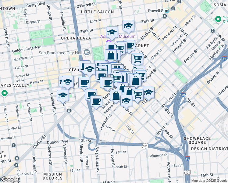 map of restaurants, bars, coffee shops, grocery stores, and more near 1321 Mission Street in San Francisco