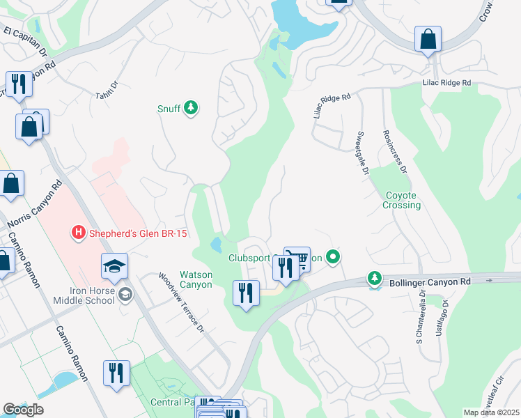 map of restaurants, bars, coffee shops, grocery stores, and more near 765 Watson Canyon Court in San Ramon