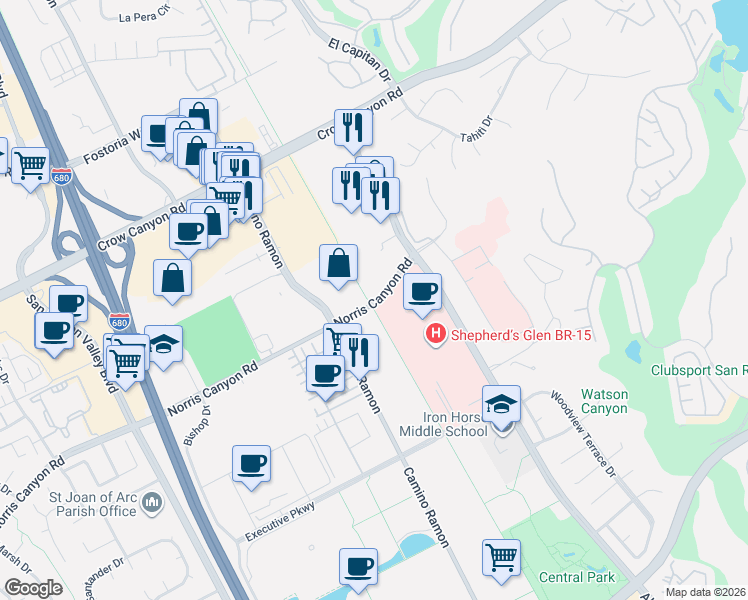 map of restaurants, bars, coffee shops, grocery stores, and more near 4708 Norris Canyon Road in San Ramon