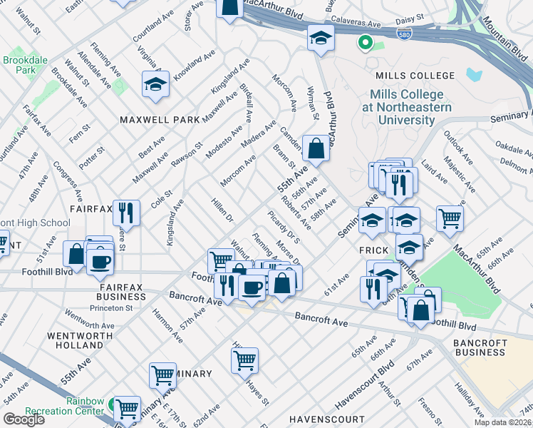 map of restaurants, bars, coffee shops, grocery stores, and more near 2841 55th Avenue in Oakland