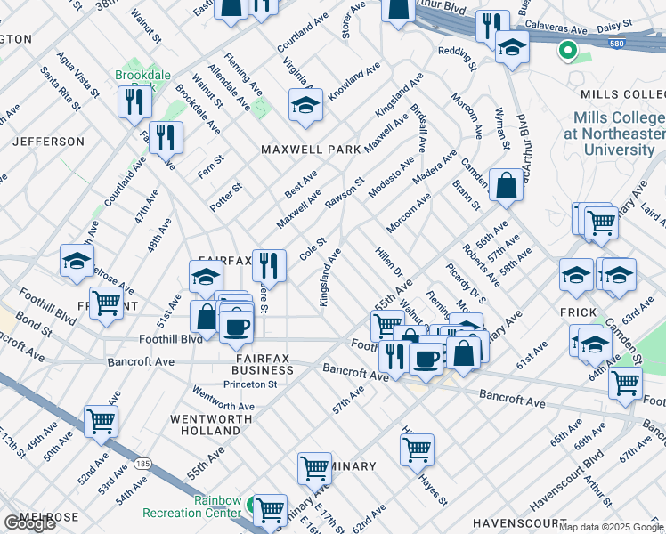 map of restaurants, bars, coffee shops, grocery stores, and more near 2650 Kingsland Avenue in Oakland