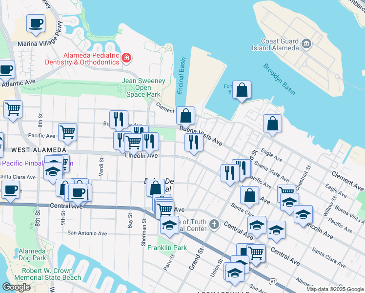 map of restaurants, bars, coffee shops, grocery stores, and more near 1505 Pacific Avenue in Alameda