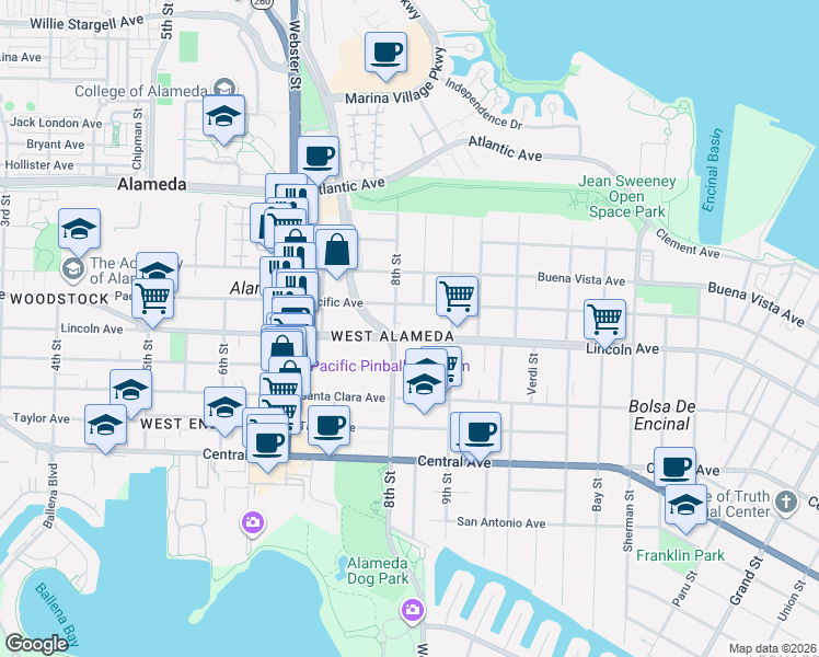map of restaurants, bars, coffee shops, grocery stores, and more near 800 Pacific Avenue in Alameda
