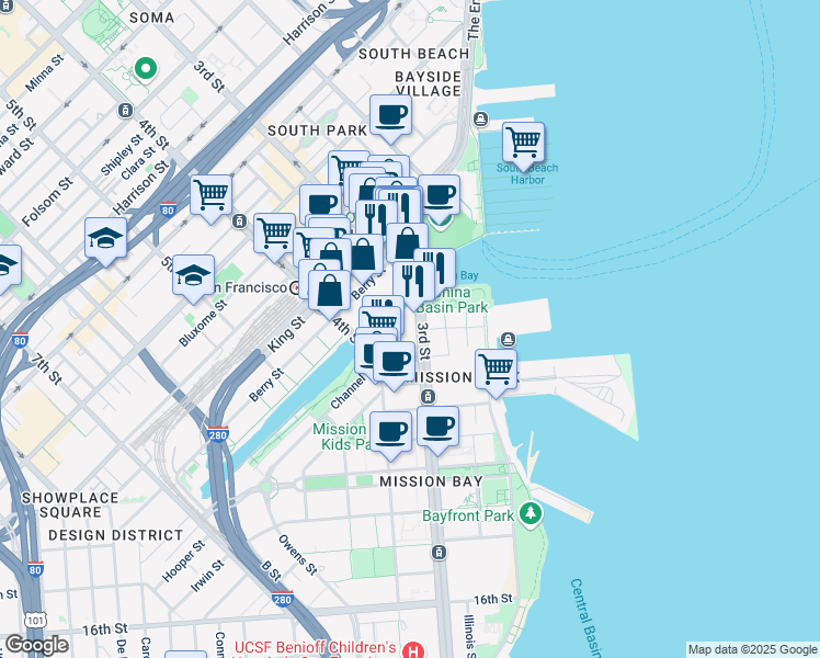map of restaurants, bars, coffee shops, grocery stores, and more near 1000a 3rd Street in San Francisco