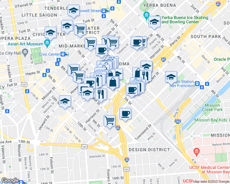 map of restaurants, bars, coffee shops, grocery stores, and more near in San Francisco