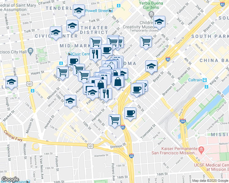 map of restaurants, bars, coffee shops, grocery stores, and more near 336 7th Street in San Francisco