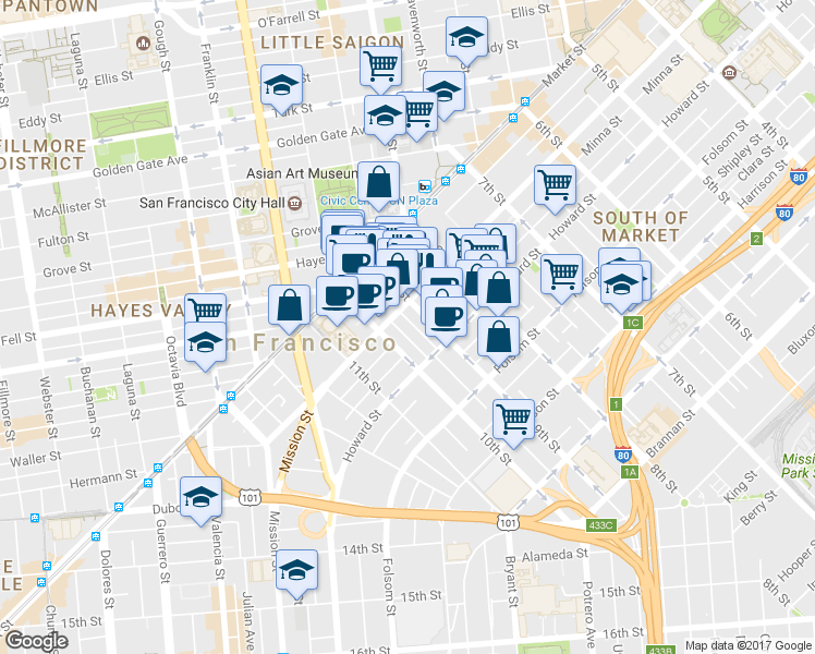 map of restaurants, bars, coffee shops, grocery stores, and more near 1321 Mission Street in San Francisco