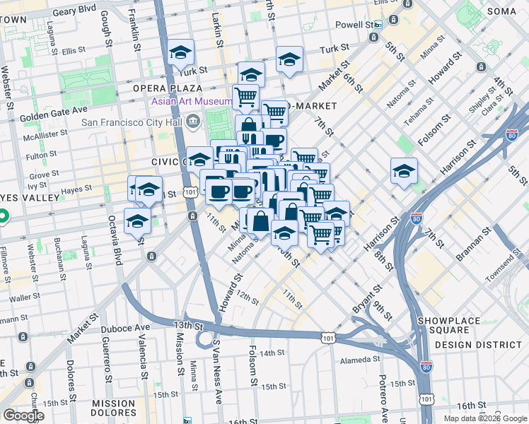map of restaurants, bars, coffee shops, grocery stores, and more near 1321 Mission Street in San Francisco