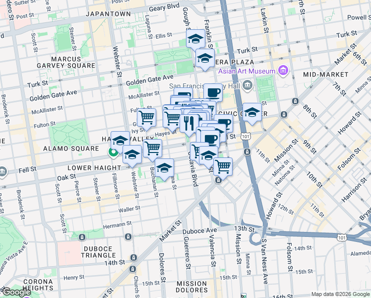 map of restaurants, bars, coffee shops, grocery stores, and more near in San Francisco