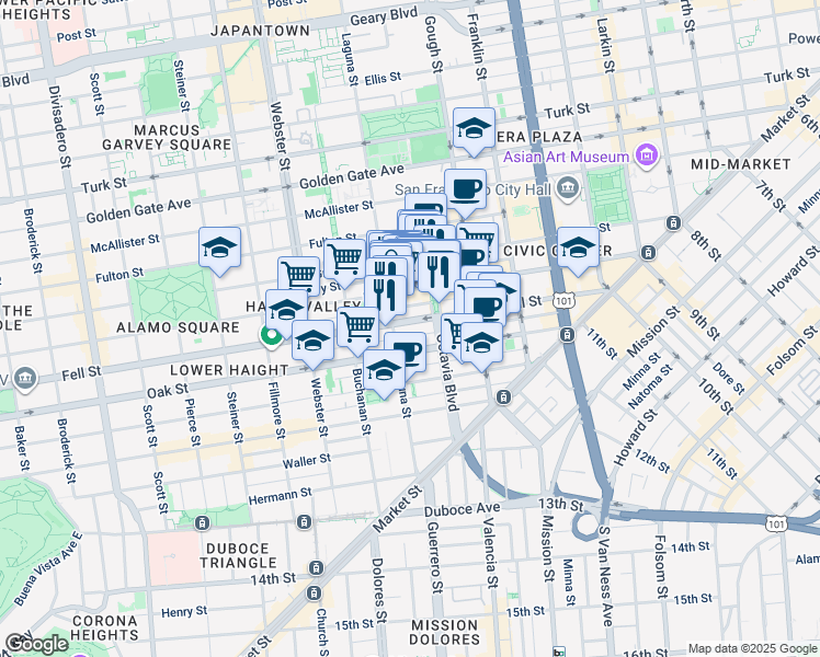 map of restaurants, bars, coffee shops, grocery stores, and more near 542 Laguna Street in San Francisco