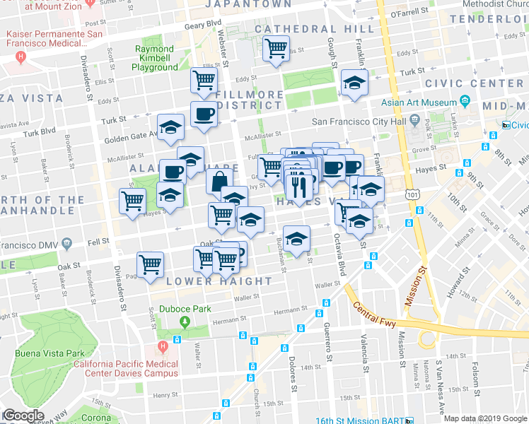 map of restaurants, bars, coffee shops, grocery stores, and more near 717 Hayes Street in San Francisco