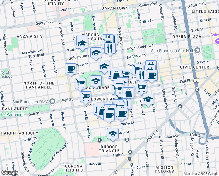 map of restaurants, bars, coffee shops, grocery stores, and more near in San Francisco