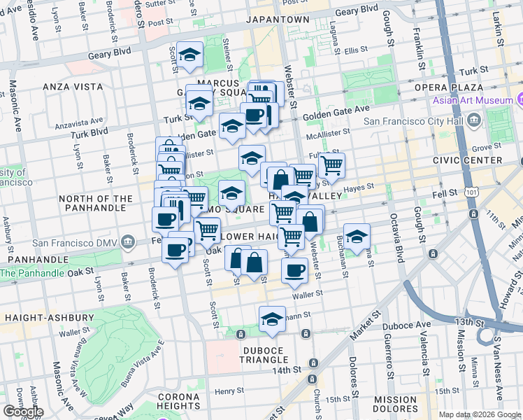 map of restaurants, bars, coffee shops, grocery stores, and more near 655 Steiner Street in San Francisco