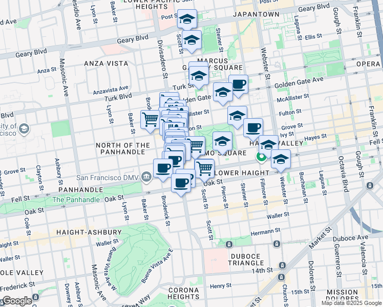 map of restaurants, bars, coffee shops, grocery stores, and more near 651 B Scott Street in San Francisco