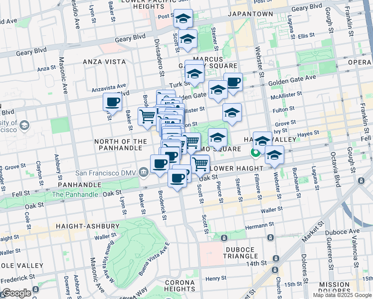 map of restaurants, bars, coffee shops, grocery stores, and more near 1280 Grove Street in San Francisco
