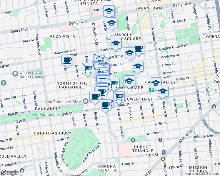 map of restaurants, bars, coffee shops, grocery stores, and more near 1280 Grove Street in San Francisco
