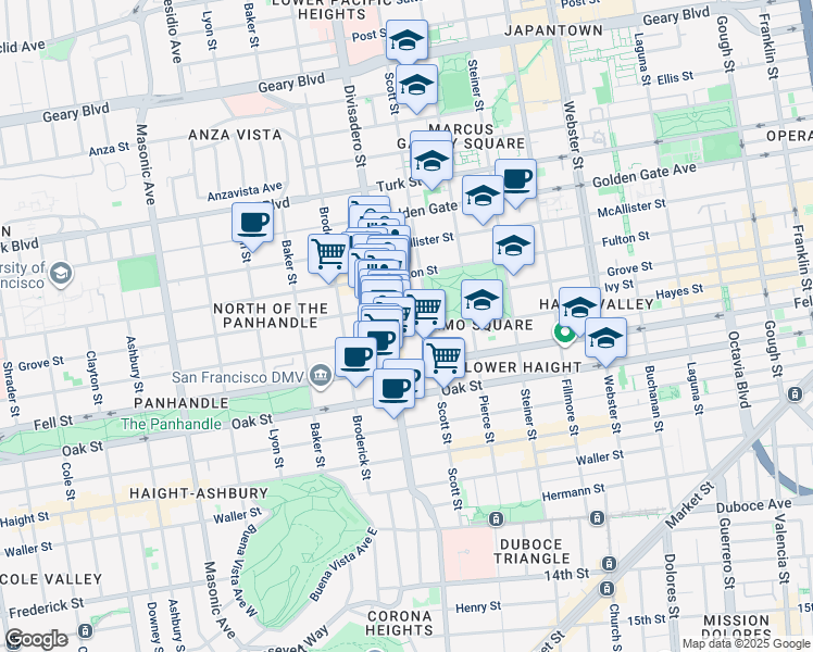 map of restaurants, bars, coffee shops, grocery stores, and more near 1280 Grove Street in San Francisco