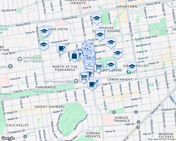 map of restaurants, bars, coffee shops, grocery stores, and more near 1335 Fulton Street in San Francisco